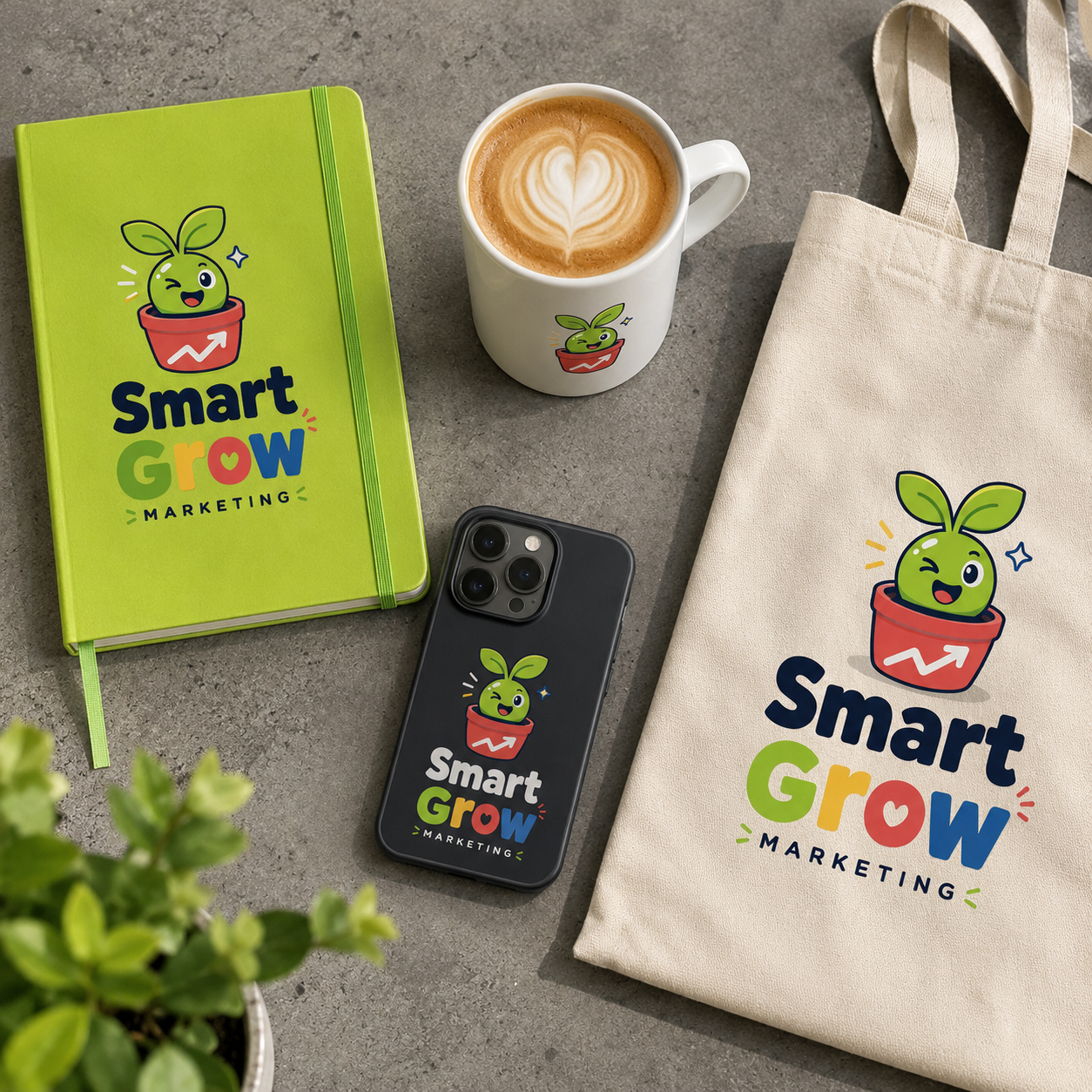 Smart Grow merchandise and brand collateral
